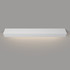 Angled view of a white painted floating mantel shelf with LED lighting, mounted on a wall and showcasing sleek design with ambient light beneath.