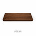 Top view of a 2-inch thick red oak floating shelf with integrated LED lighting, finished in pecan, showing warm dark-brown tones and wood grain detail.