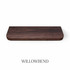 Top view of a radius-corner red oak floating shelf, finished in Willowbend, showing dark brown tones and subtle grain variation.