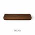 Top view of a radius-corner red oak floating shelf with integrated LED lighting, finished in pecan, showing warm dark-brown tones and wood grain detail.