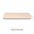 Top view of a 1 5/8-inch thick solid red oak floating shelf with battery-powered LED lighting, finished in whitewash, showing subtle grain and light color variation.