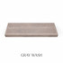 Top view of a 2-inch thick red oak floating shelf with battery-powered LED lighting, finished in gray wash, showing muted gray tones and natural grain texture.