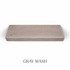 Top view of a 3-inch thick red oak floating shelf with battery-powered LED lighting, finished in gray wash, showing muted gray tones and natural grain texture.
