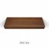 Top view of a 3-inch thick red oak floating shelf with battery-powered LED lighting, finished in pecan, showing warm dark-brown tones and wood grain detail.