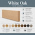 White Oak trim boards showing product features, available finish colors, and unfinished option.