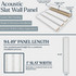 Exploded view of a white acoustic slat wall panel highlighting the satin-painted slats, designer-grade MDF core, and white acoustic felt backing.