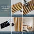 Step-by-step installation guide for white acoustic slat wall panels showing measuring, cutting, applying adhesive, securing with screws, and the finished installation.