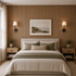 Modern bedroom with a full-height Natural Wide acoustic slat wall panel accent wall behind an upholstered bed with neutral décor and wall sconces.