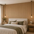 Contemporary bedroom featuring natural reeded acoustic wall panels as a full-height headboard accent wall with neutral bedding and warm pendant lighting.