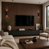 Modern living room with Tawny Wide acoustic slat wall panels surrounding a wall-mounted television and built-in media console.