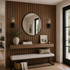 Contemporary entryway with Tawny Wide acoustic slat wall panels, floating bench, round mirror, and decorative lighting.