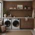Modern laundry room featuring Tawny Reeded acoustic wall panels with wood cabinetry, floating shelf, and integrated sink.