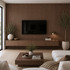 Modern living room featuring Tawny Reeded acoustic wall panels surrounding a wall-mounted television and floating media console.