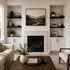 2-inch Painted Black Maple alcove floating shelves installed in built-in niches surrounding a living room fireplace.