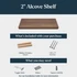 2-inch walnut alcove shelf installation graphic showing hidden wooden cleats and #10 x 3-inch screws included with purchase, plus toggle bolts, shims, and a square drill bit that may be needed for installation.