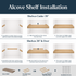 Alcove floating shelf installation guide showing hidden side cleats for shelves under 39 inches and side and back cleats for longer shelves.