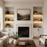 2-inch Maple LED-lit alcove shelves installed in built-in niches beside a living room fireplace.