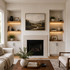 2-inch Rustic Alder LED-lit alcove shelves installed in built-in niches beside a living room fireplace.