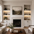 2-inch White Painted Maple LED-lit alcove shelves installed in built-in niches beside a living room fireplace.
