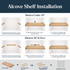 Alcove floating shelf installation guide showing hidden side cleats for shelves under 39 inches and side and back cleats for longer shelves.