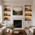 3-inch Walnut LED-lit alcove shelves installed in built-in niches beside a living room fireplace.