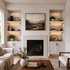 3-inch Maple LED-lit alcove shelves installed in built-in niches beside a living room fireplace.