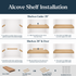 Alcove floating shelf installation guide showing hidden side cleats for shelves under 39 inches and side and back cleats for longer shelves.