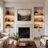 3-inch Rustic Alder LED-lit alcove shelves installed in built-in niches beside a living room fireplace.