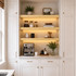3-inch Pine LED-lit alcove shelves installed in a built-in kitchen coffee bar with recessed under-shelf lighting.