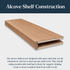 Alcove floating shelf construction showing open ends and recessed grooves for hidden wooden side and back cleats.