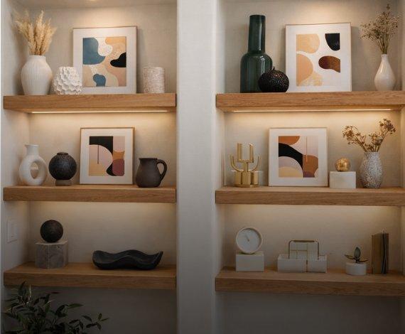 Classic Lighted 2 inch Red Oak Shelves in alcove for display