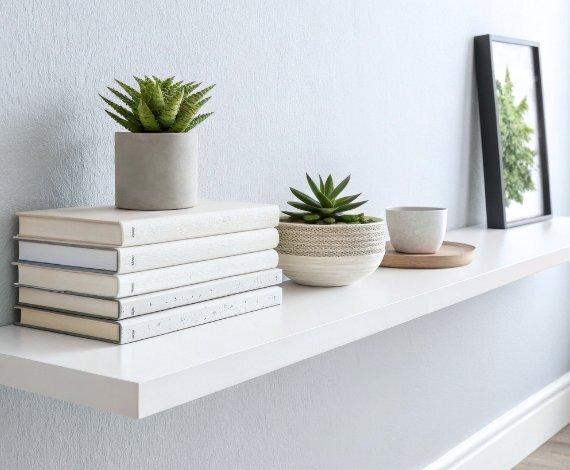 2-inch thick white floating shelf decorated with books, small potted plants, and framed pictures