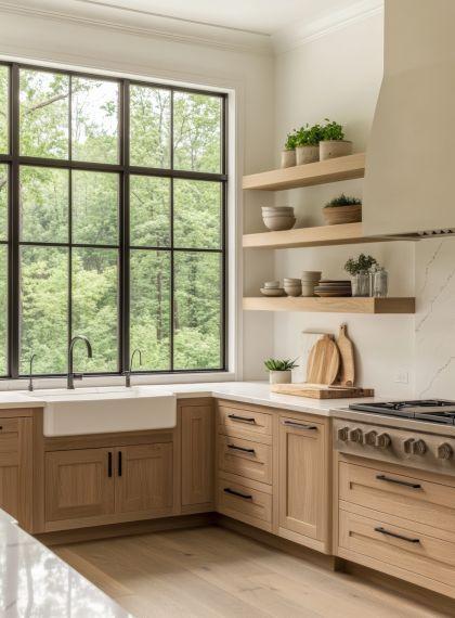 Stacked Thick and Chunky Open Kitchen Shelving by Range Hood
