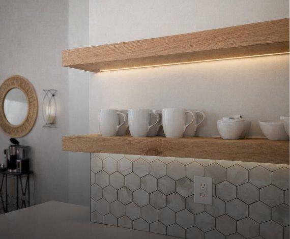 Classic Lighted Red Oak Shelves above backsplash in Kitchen