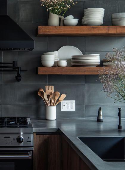 Dark Painted Kitchen With Three Stacked Walnut Wood Floating Wall Shelves for Displaying Dishes