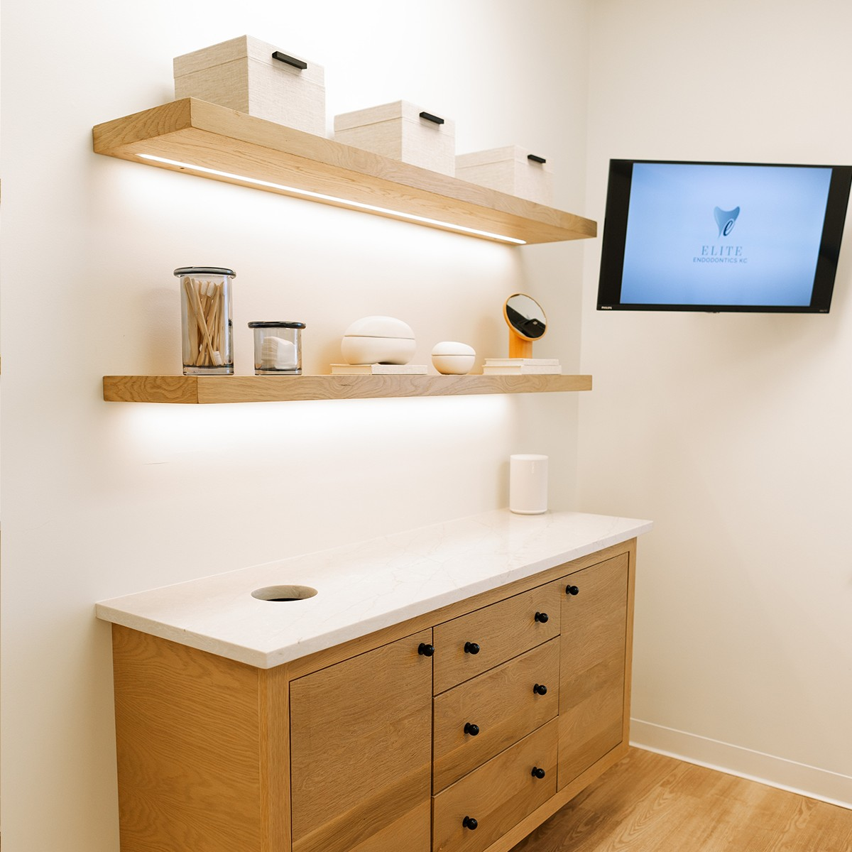 White Oak Lit Floating Shelves