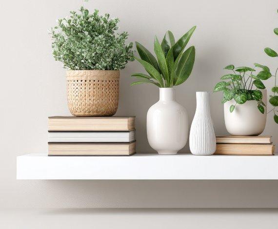 Real wood white floating wall shelf, 3 inches thick, displaying pottery, books, and greenery