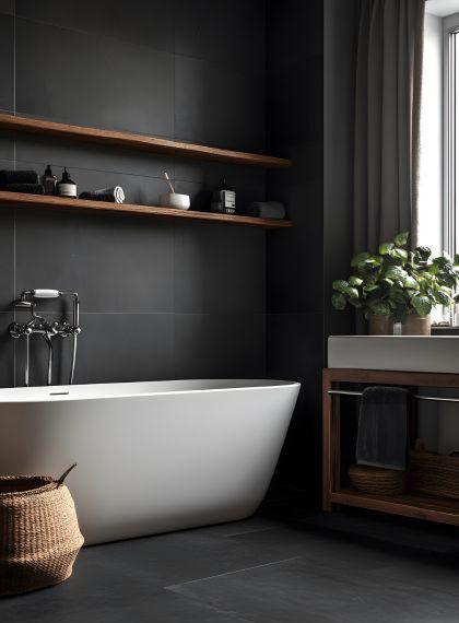 Extra Long Custom Made Shelves Installed Above A Soak Tub Bathroom Essentials