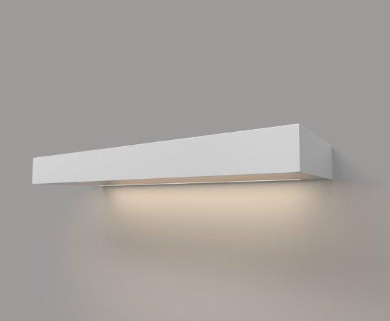 White floating shelf, 3 inches thick, with integrated LED lighting casting a soft downward glow
