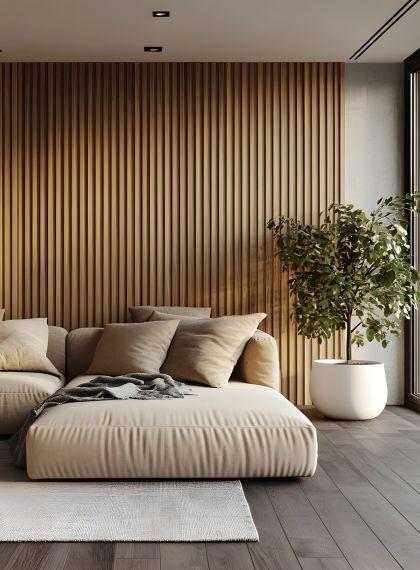 White Oak Acoustic Slat Wood Wall Paneling on Accent Wall Behind Sofa in Living Room