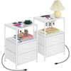 OUMILEN WHITE NIGHTSTAND  2 FABRIC DRAWERS END TABLE CHARGING SET OF 2 - WHITE