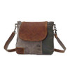 MYRA THE FLAP-OVER UPCYCLED CANVAS AND GENUINE LEATHER CROSSBODY BAG BROWN/GRAY New