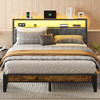 OLEVS QUEEN BED FRAME METAL PLATFORM BEDQUEEN 2-TIER STORAGE LED LIGHT - BLACK