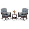 COSTWAY - 3 PCS PATIO ROCKING CHAIRS WITH DOUBLE-LAYER COFFEE TABLE - GRAY New