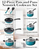 Cook N Home Pots and Pans Nonstick Cookware Set 12-Piece 02588-12P - Turquoise