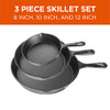 COMMERCIAL CHEF 3-PIECE CAST IRON SKILLET SET - PRE-SEASONED CAST IRON COOKWARE