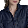 H5CD3CBV HALSTON WOMEN'S ROLL-TAB SLEEVE DENIM-LIKE COLLARED TOP DARK BLUE L