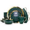 Stone Lain Florian Modern Porcelain 16 Piece Dinnerware Set, Green and Gold Rim