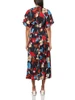 HALSTON WOMEN'S SHORT SLEEVE V-NECK CHIFFON DRESS HD5EXB9B SIZE 14 MARINE MULTI New
