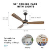 OUATER 52" Wood Ceiling Fans, 3 Color Light, 6 Speed, DC Motor, Walnut Black